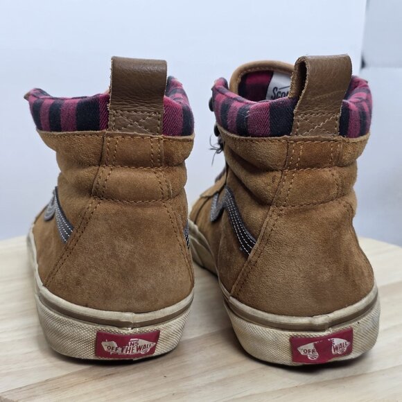 Vans SK8-Hi MTE Sneaker Boots Brown Suede Red Plaid Flannel Lined Size 10 Men - Picture 6 of 9